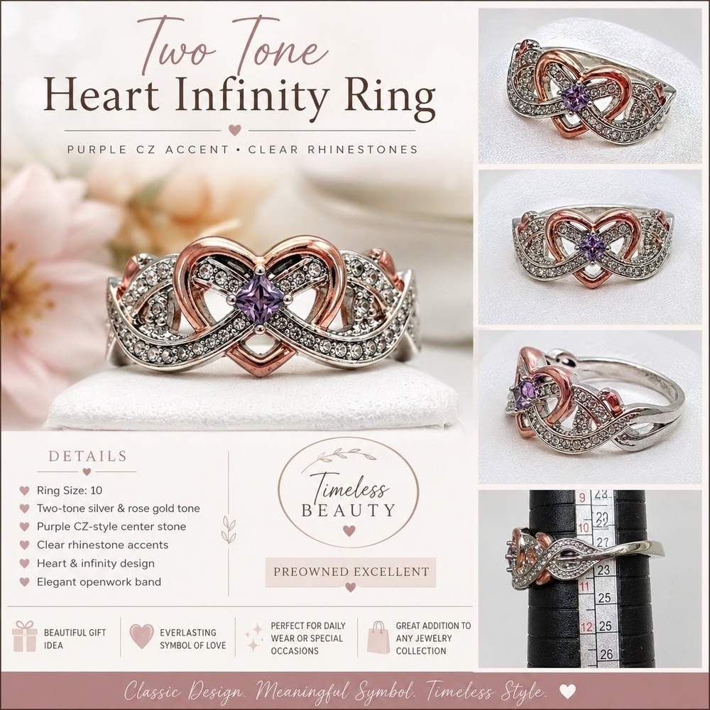 Two Tone Heart Infinity Ring Purple CZ Accent Clear Rhinestones Size 10